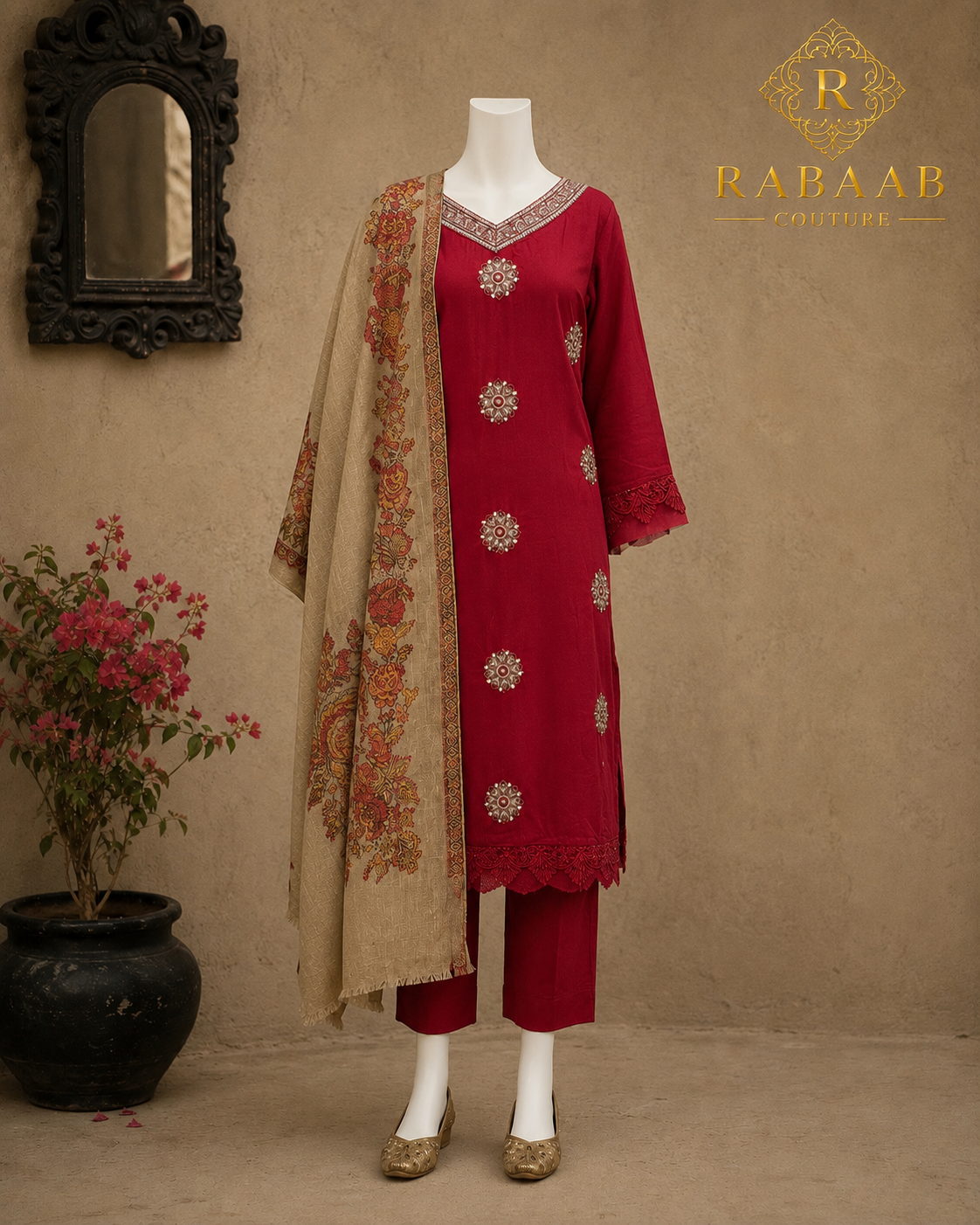 3 PIECE RED SUIT - PASHMINA SHAWL