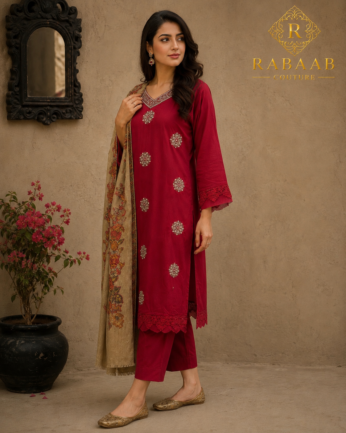3 PIECE RED SUIT - PASHMINA SHAWL