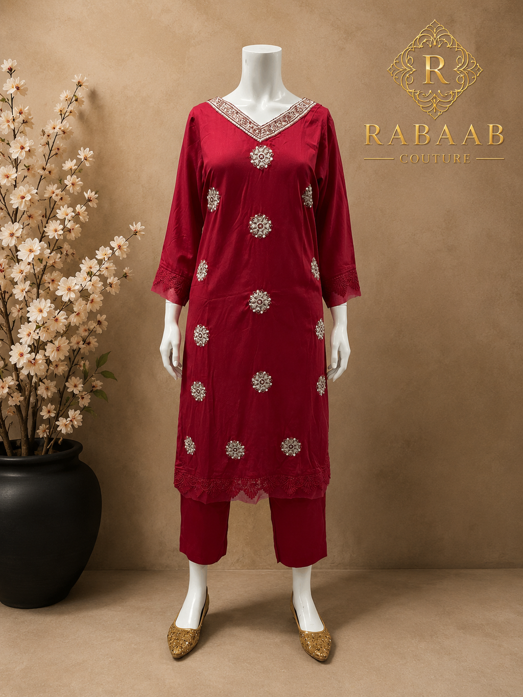 3 PIECE RED SUIT - PASHMINA SHAWL