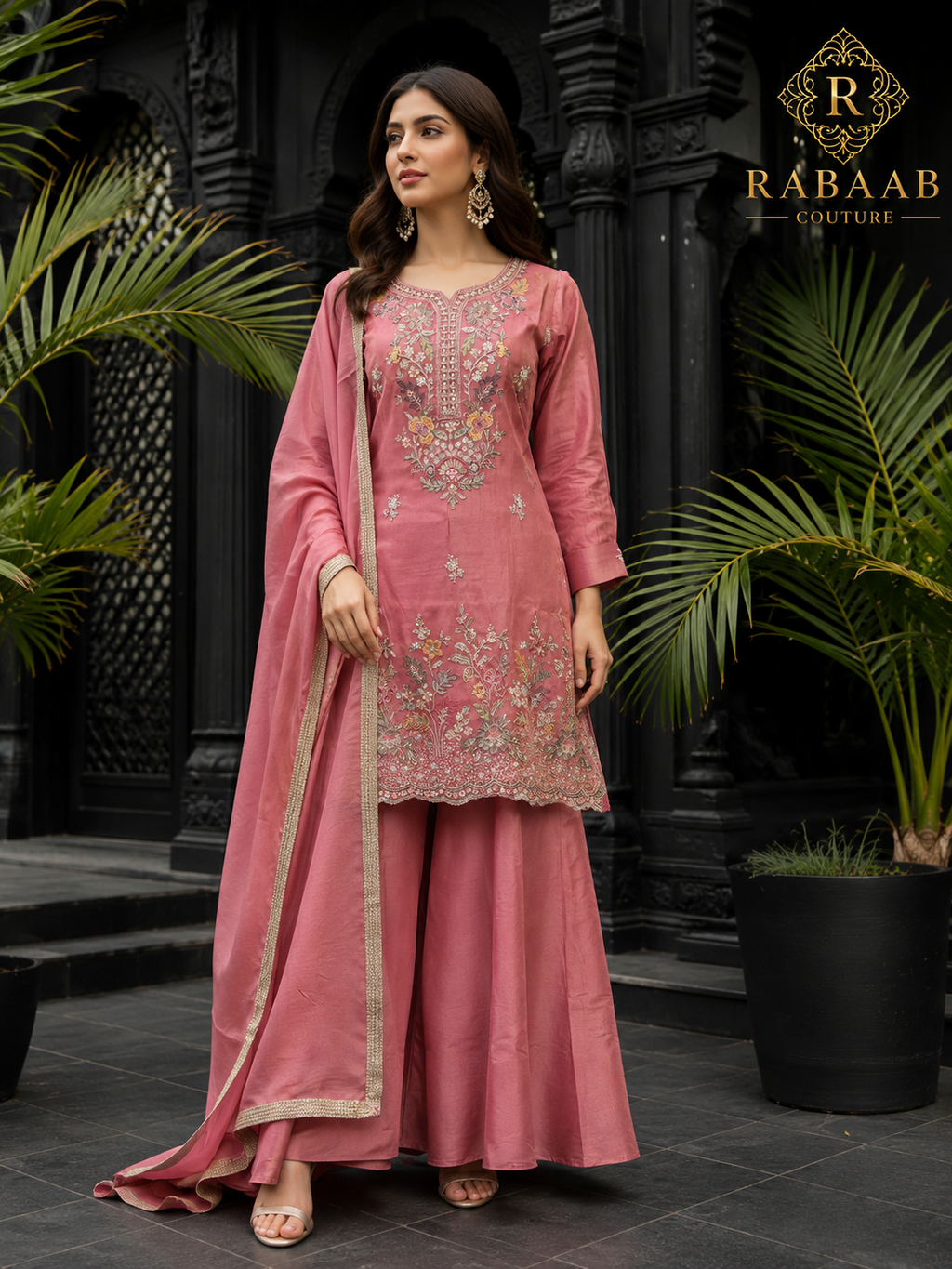 Blush Pink Jamdani Embroidered Sharara Suit