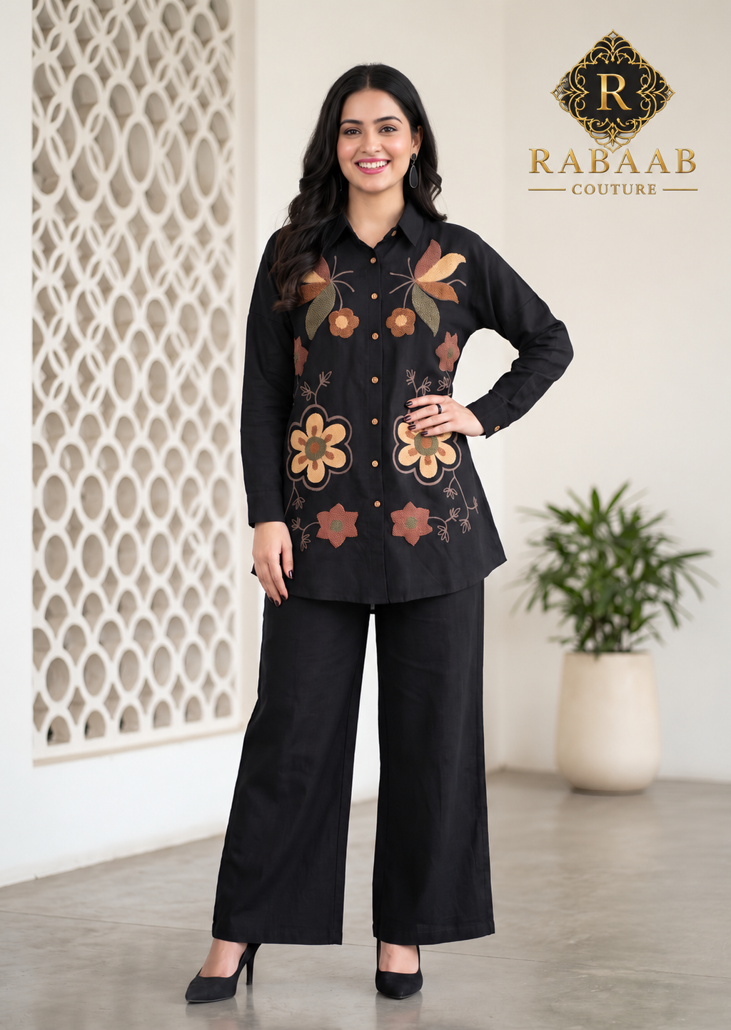 BLACK FLORAL LINEN BLEND CO-ORD SET
