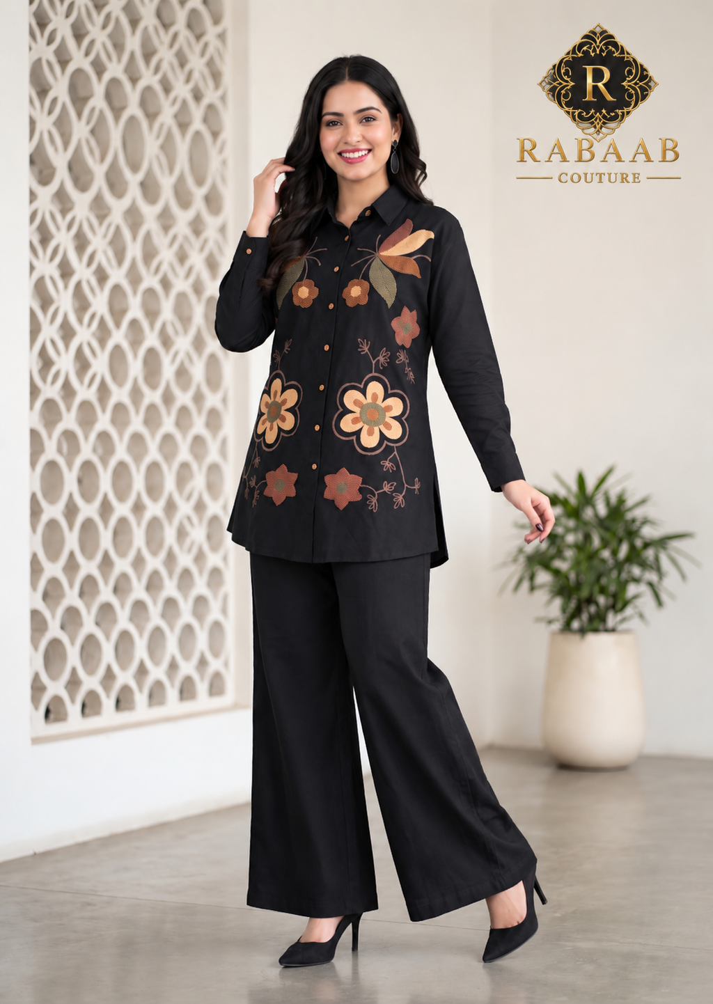 BLACK FLORAL LINEN BLEND CO-ORD SET
