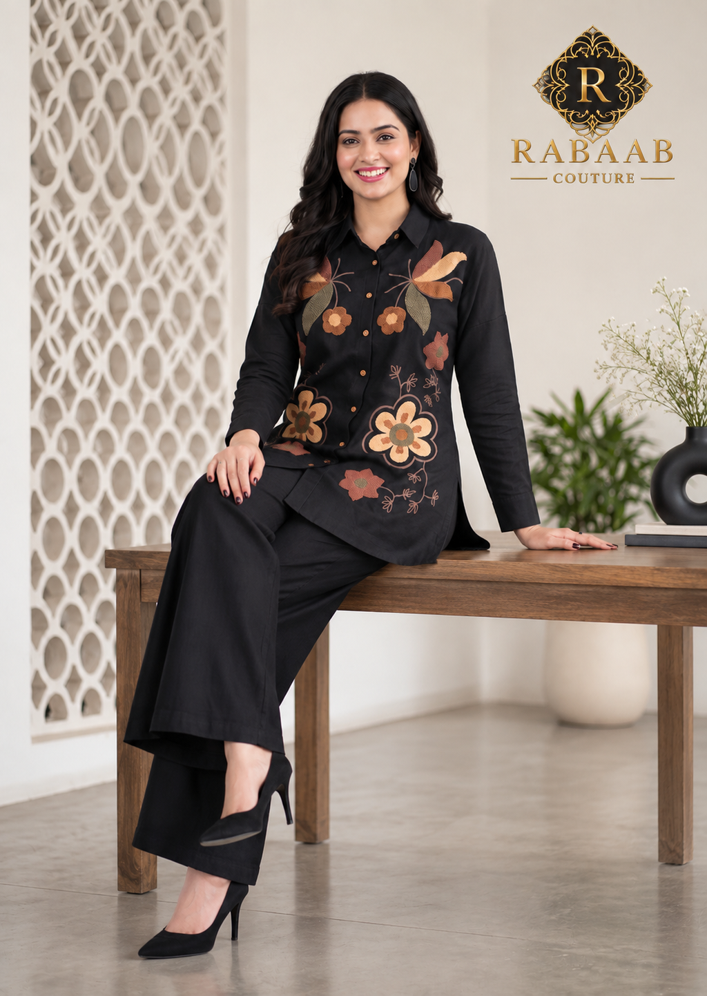 BLACK FLORAL LINEN BLEND CO-ORD SET