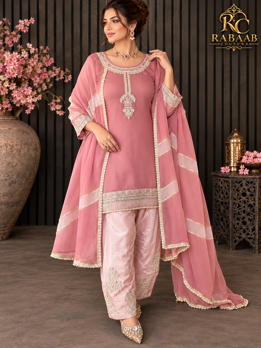 SALWAR KAMEEZ - Onion Pink suit & Pastel pink Farshi salwar