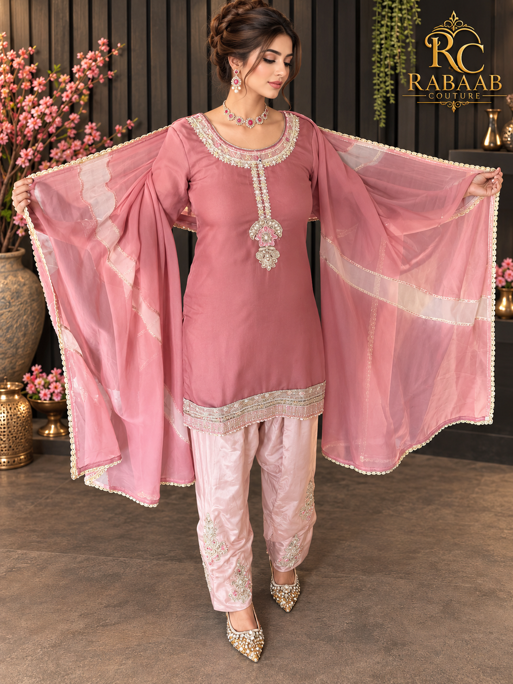 SALWAR KAMEEZ - Onion Pink suit & Pastel pink Farshi salwar