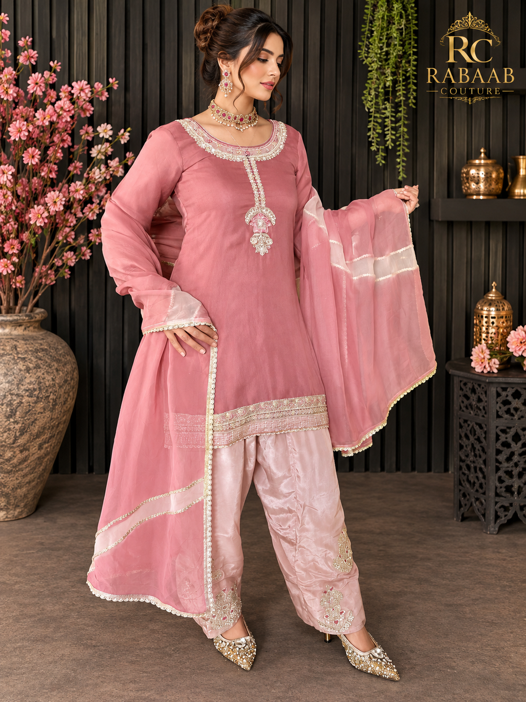 SALWAR KAMEEZ - Onion Pink suit & Pastel pink Farshi salwar
