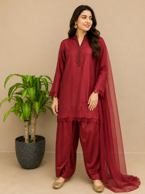 3 Piece Deep Red Suit - Silk, Cotton & Embroidered