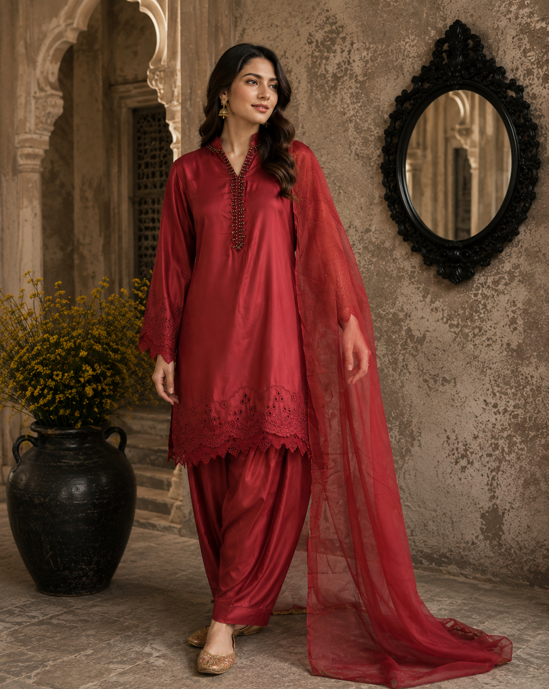 3 Piece Deep Red Suit - Silk, Cotton & Embroidered