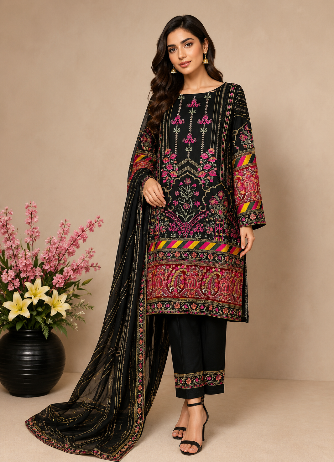 3 Piece Black Suit - Chiffaun Dupatta