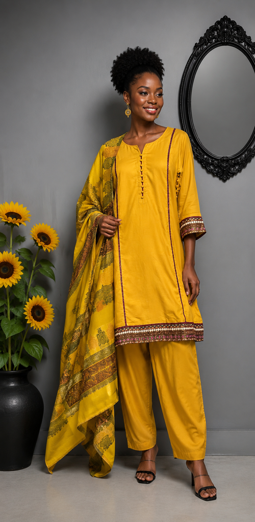3 Piece Yellow suit w Pashmin Dupatta