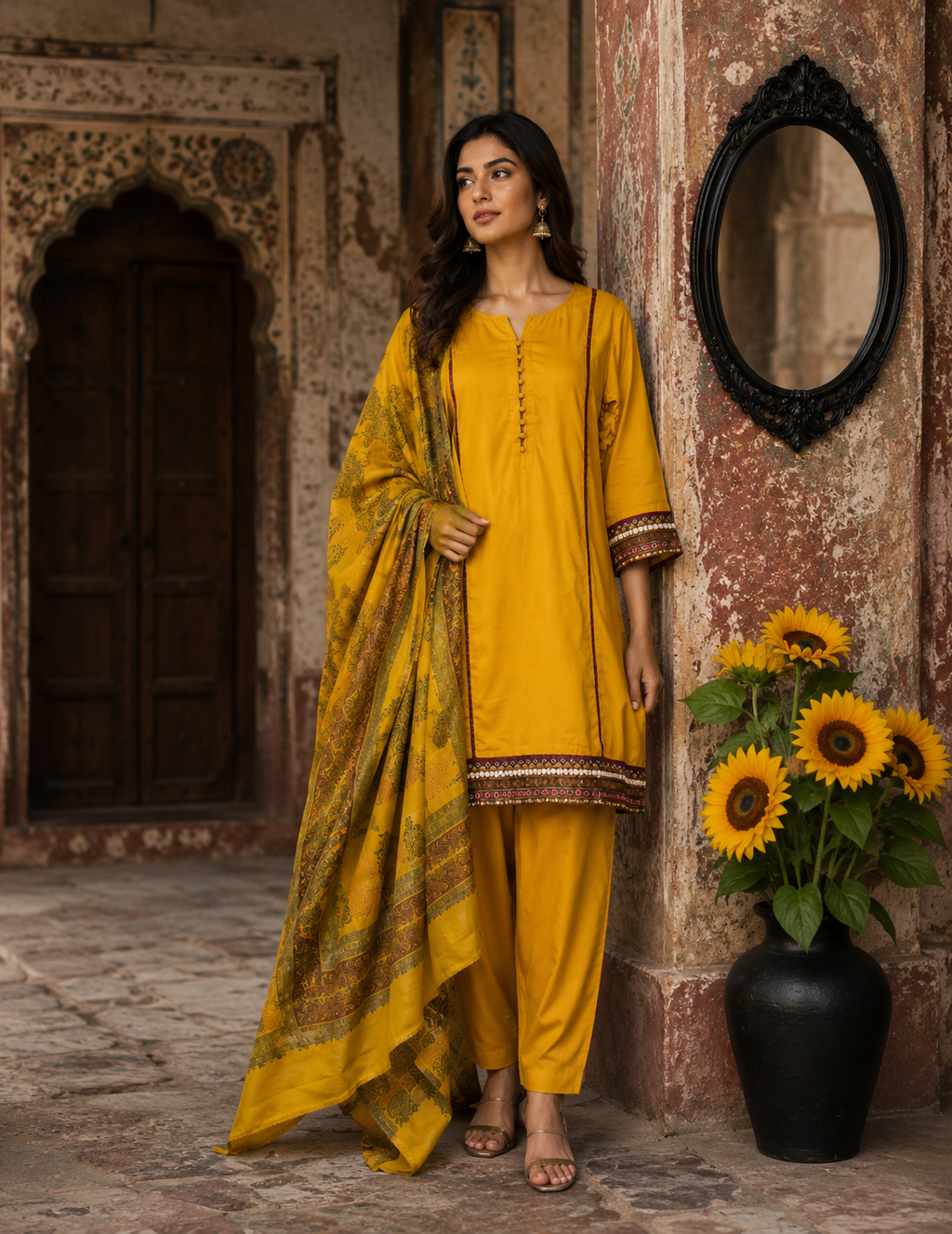 3 Piece Yellow suit w Pashmin Dupatta