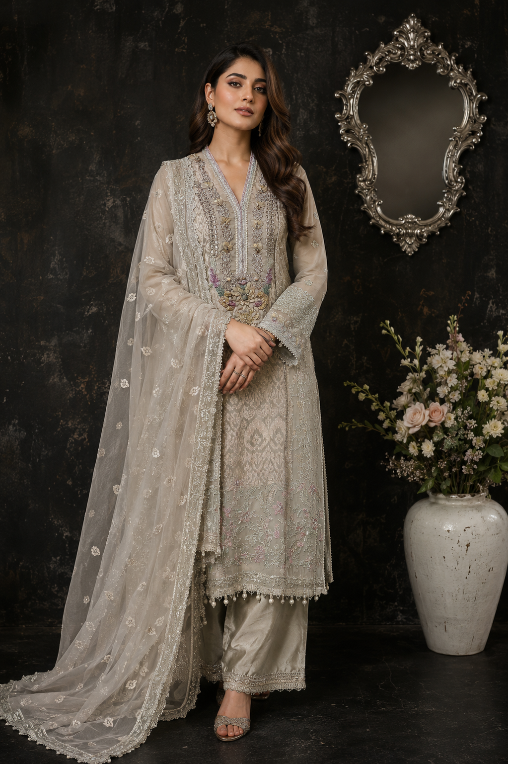 3 Piece suit - Mist Grey Hand Embroidered