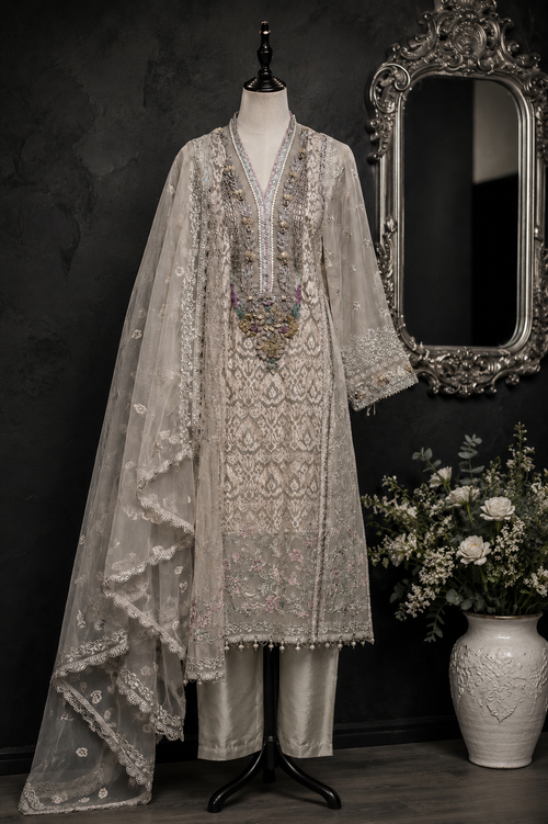 3 Piece suit - Mist Grey Hand Embroidered