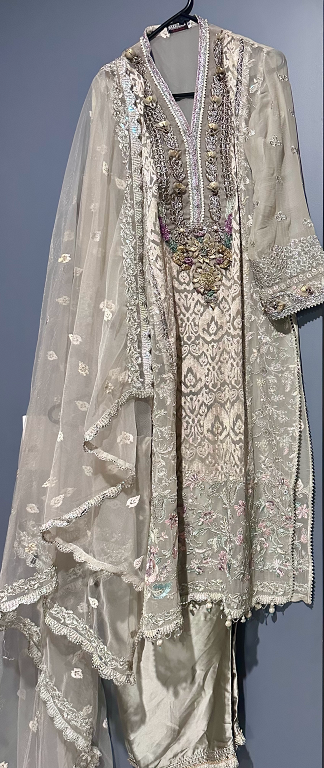 3 Piece suit - Mist Grey Hand Embroidered