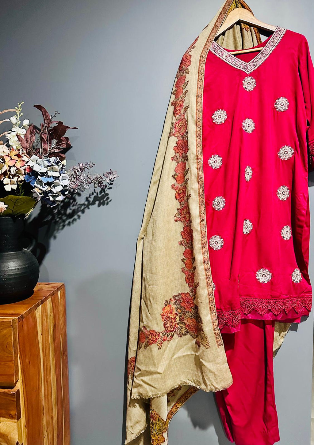 3 PIECE RED SUIT - PASHMINA SHAWL